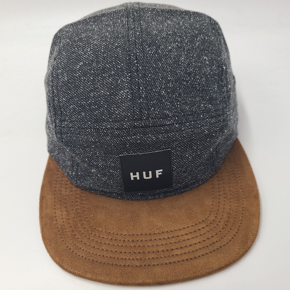 Huf Hat Strapback 5 Panel Black Brown Tweed Suede Skateboard Logo Distressed Men